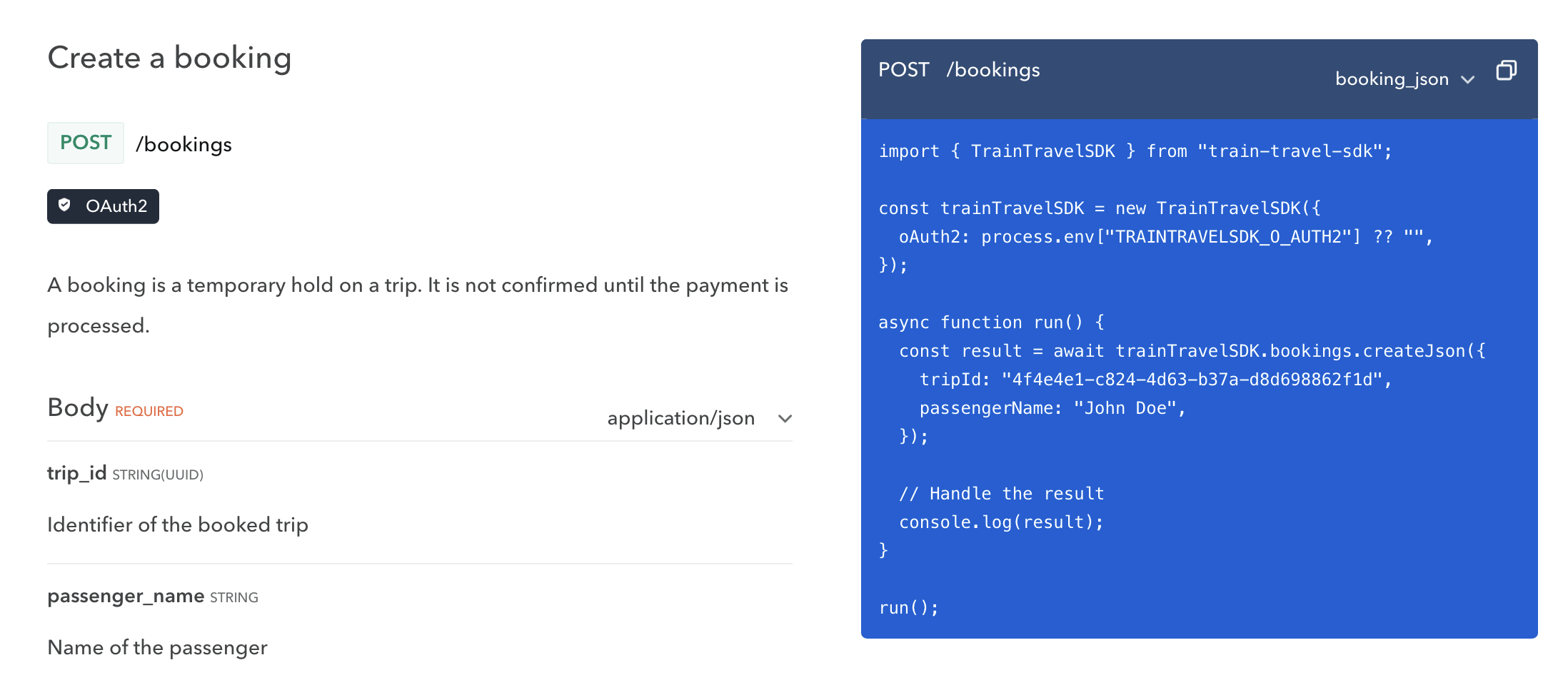 The Train Travel API documentation example on Bump.sh with a TypeScript SDK generated by Speakeasy showing in the documentation.